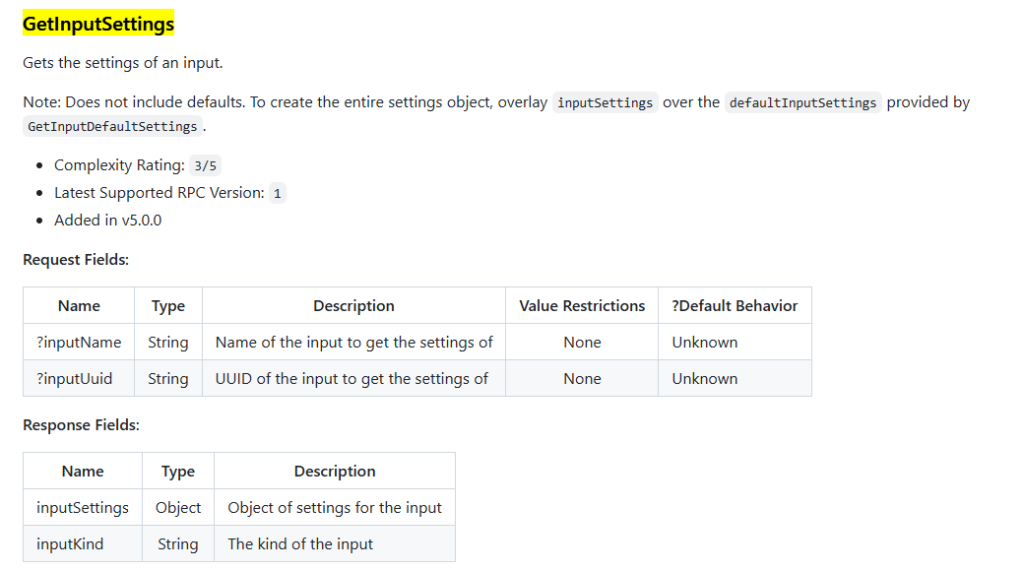 OBS WebsocketのGetInputSettings関数のインターフェース