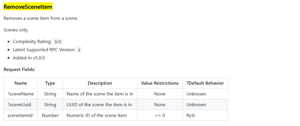 OBS WebsocketのRemoveSceneItem関数のインターフェース